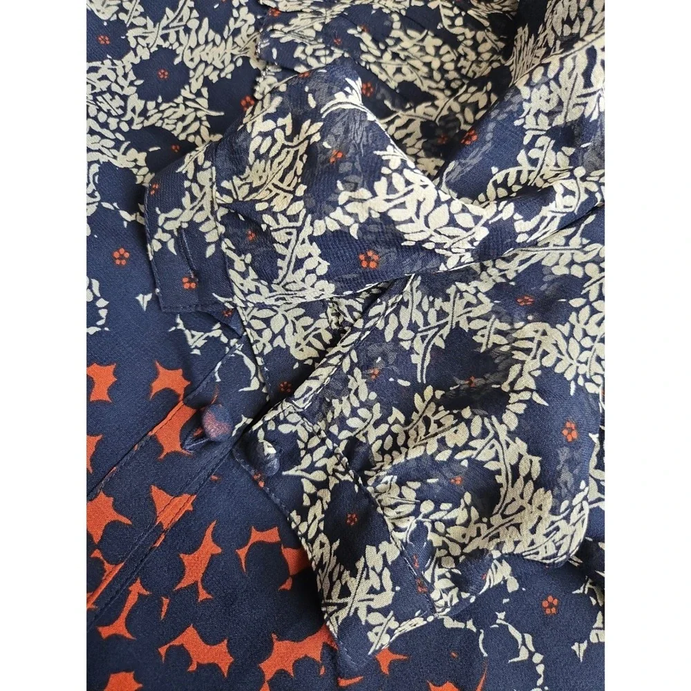 Tory Burch Navy Orange Floral Silk Button Down Mandarin Collar Blouse Size 4